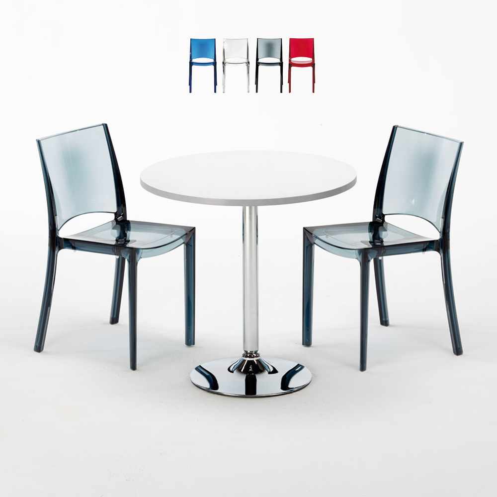 Mesa redonda branca 70x70 cm com 2 cadeiras coloridas